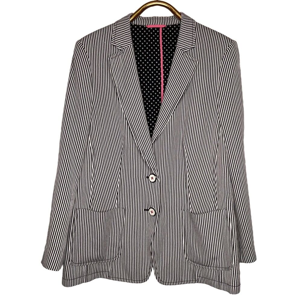Basler Black White Stripe XL Blazer Jacket Contrast Trim 2-Button Style